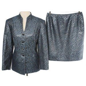 KELLY GRAHAM Blue Embossed Brocade Skirt Suit